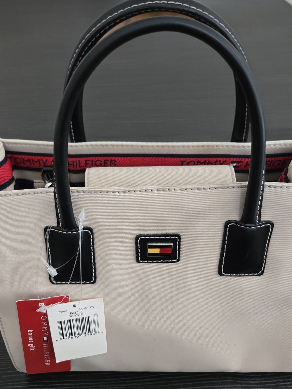 Tommy Hilfiger Beige and Black Satchel with Red Trim